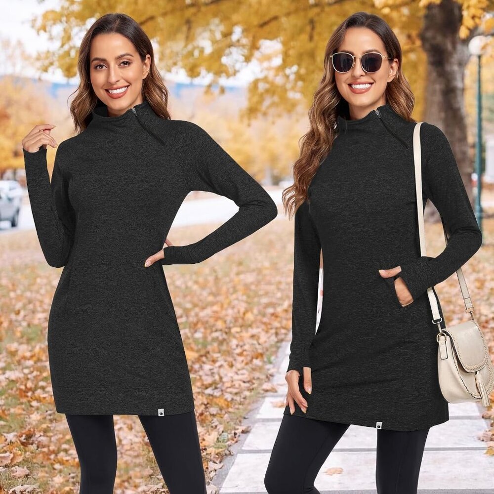 Women's Fleece Running Dress Tunic Sweatshirt 1/4 Zip Mock Neck Dress Black - Picture 4 of 5